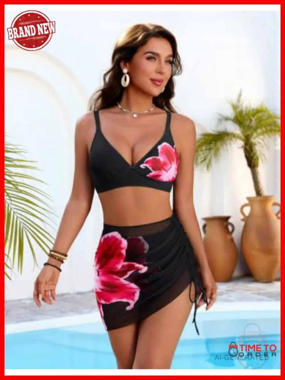 3 Piece Bikini Set with Floral Print High Waisted Bottoms and Sheer Cover Up
